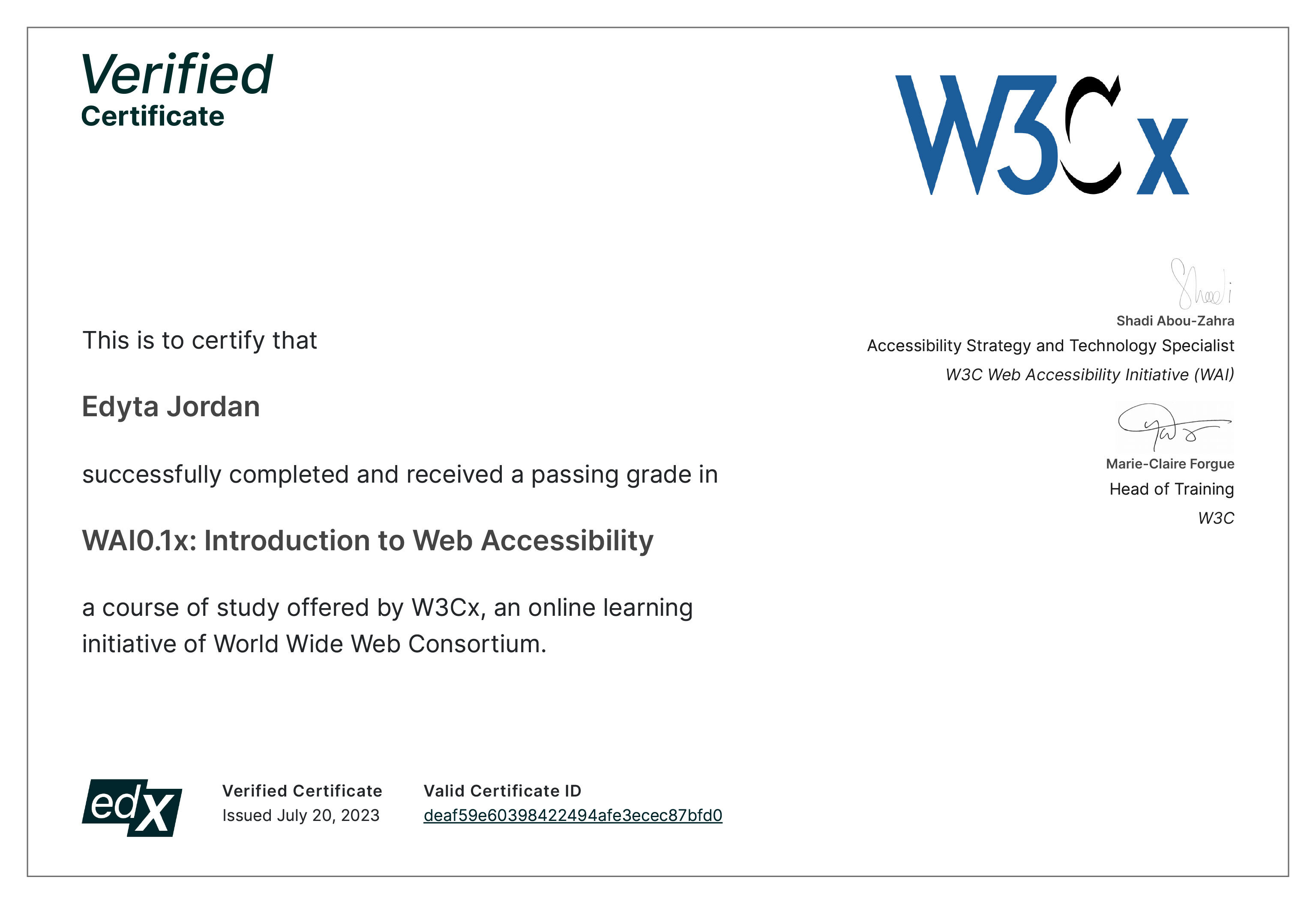 Certification: Accessibility W3Cx WAI0.1x Certificate